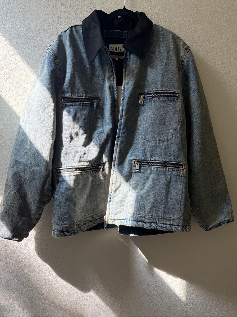 ZARA Men's Light Blue Denim Jacket with Black Contrast Collar